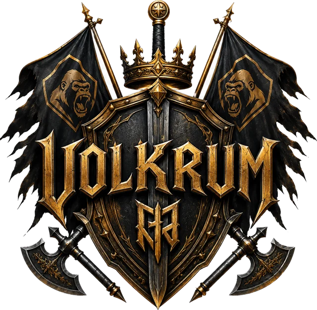 Escudo de VOLKRUM: yelmo coronado entre dos estandartes con cabeza de gorila, espada y hachas cruzadas